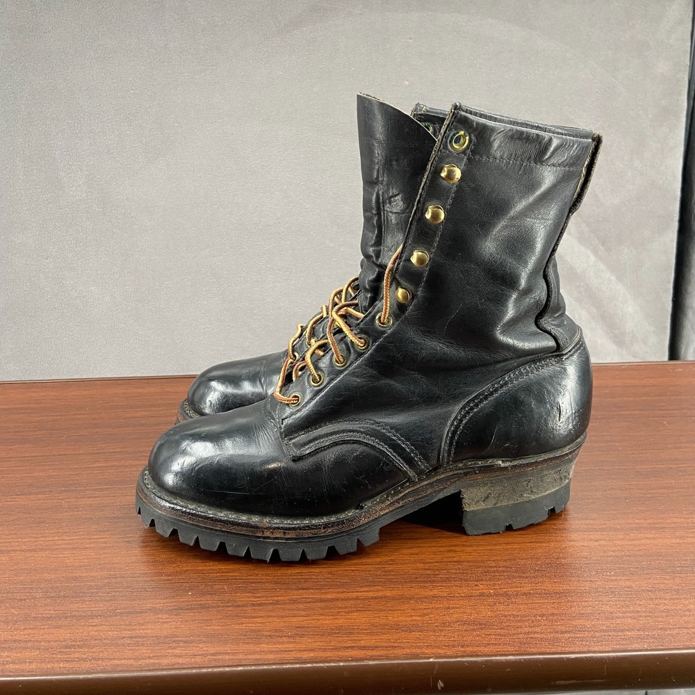 Santa Rosa Brand Mens Logger Boots Black Leather Block Heel Ankle Lace Up SZ 9.5